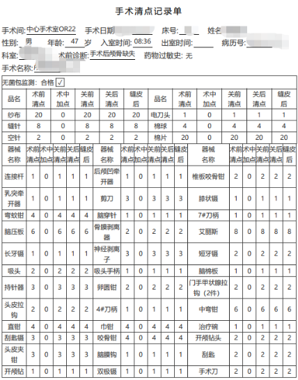 医疗软件手术清点记录单主要通过哪些功能来记录和登记哪些信息？